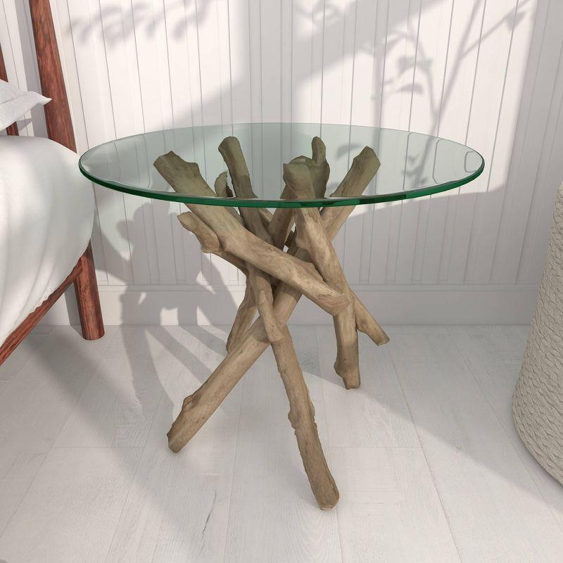 Log and Glass Round Accent Table Tan - Olivia & May: Handmade, No Assembly, Indoor Use