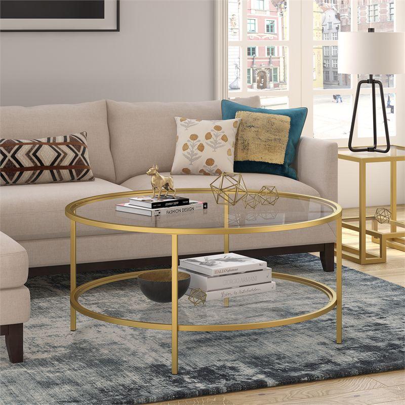 Round Metal Base Coffee Table in Brass with Glass Top - Henn&Hart