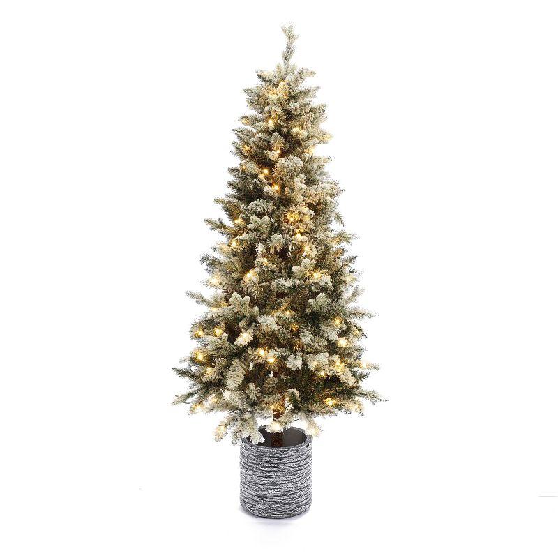 5.6 Ft Pre-Lit White Flocked Fir Christmas Tree with Gray Pot