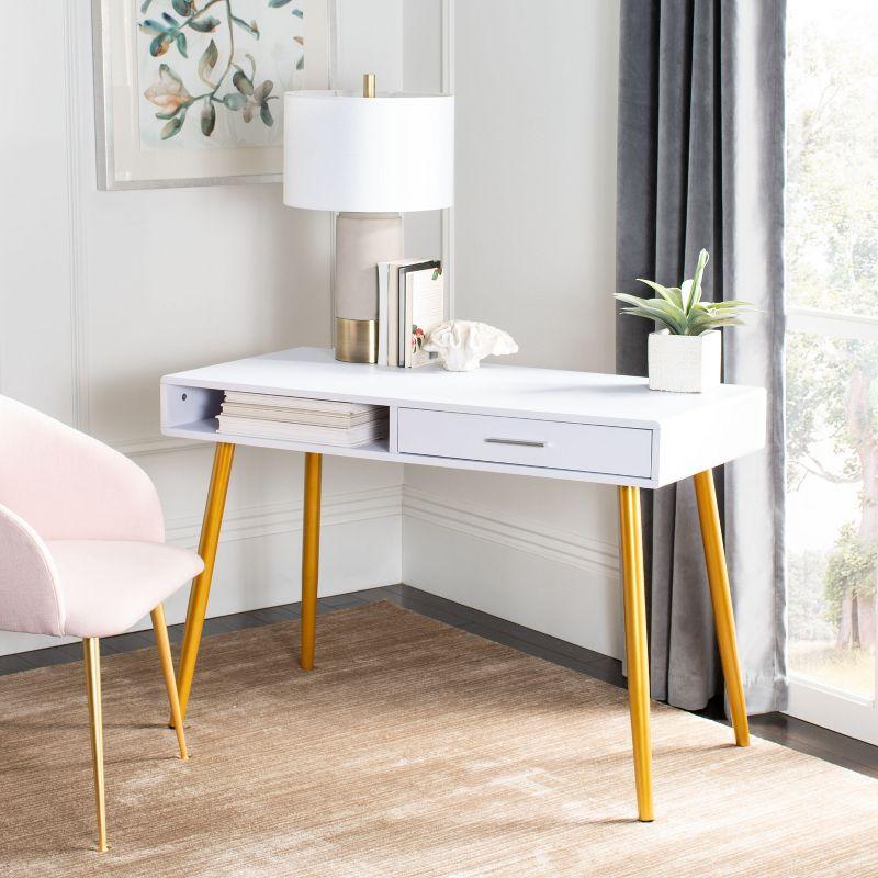 White and Gold Wood Writing Table with Drawer