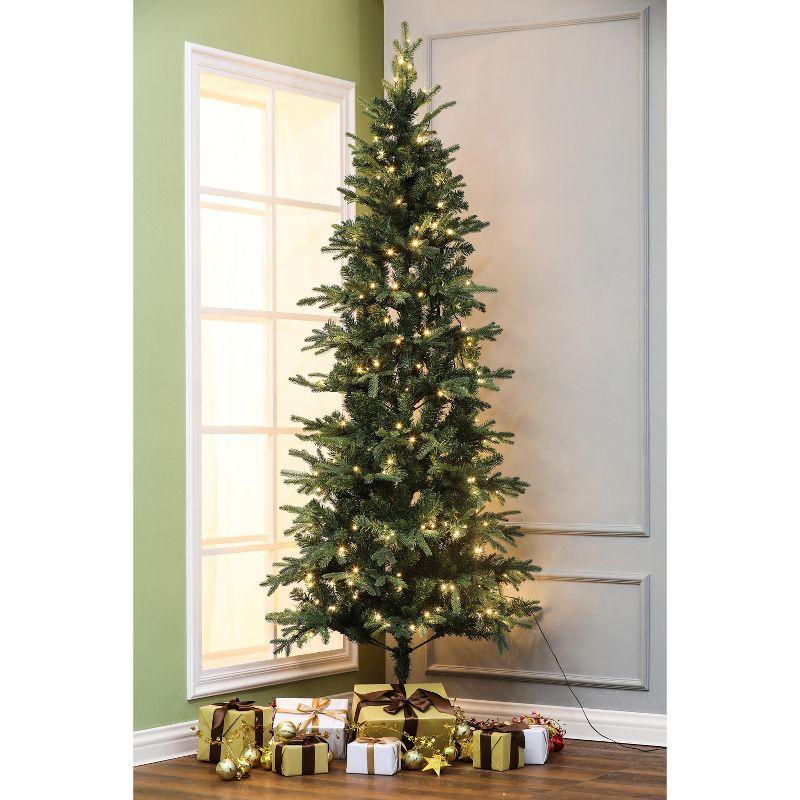 LuxenHome 7.1Ft Christmas Tree, Pre-Lit Tall Slim Fir Artificial Christmas Tree with Metal Stand, Skinny Christmas Tree with LED Light Green