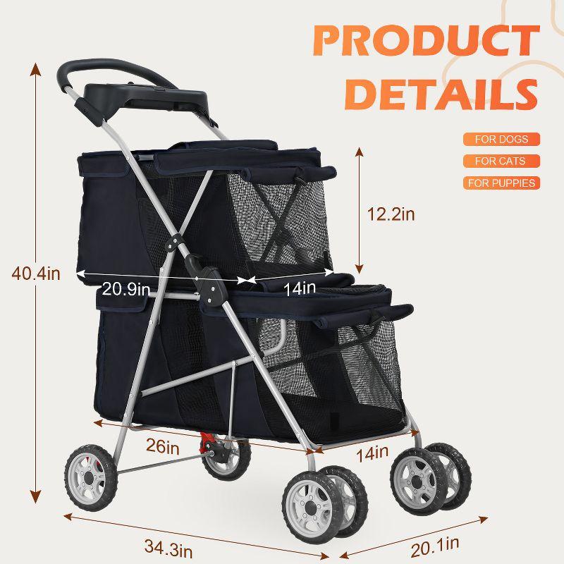 FDW 4 Wheel Pet Stroller Folding Dog Cat Stroller for Small and Medium Pets with Storage Basket Double Decker & Mesh Windows