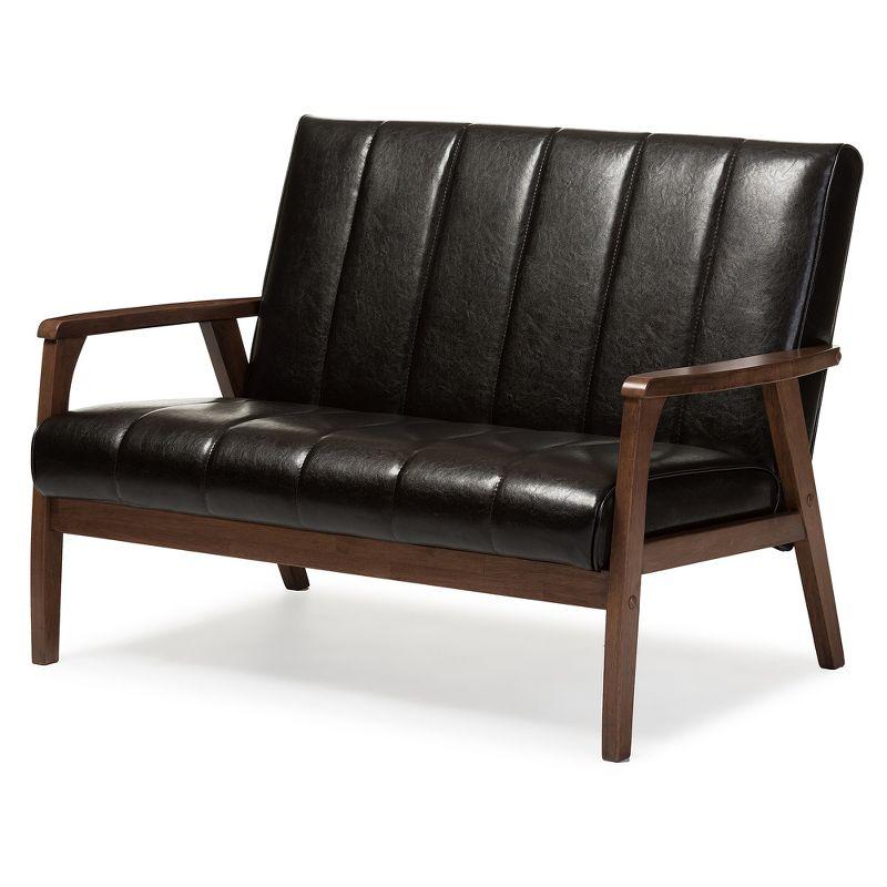 Mid-Century Modern Dark Brown Faux Leather Loveseat