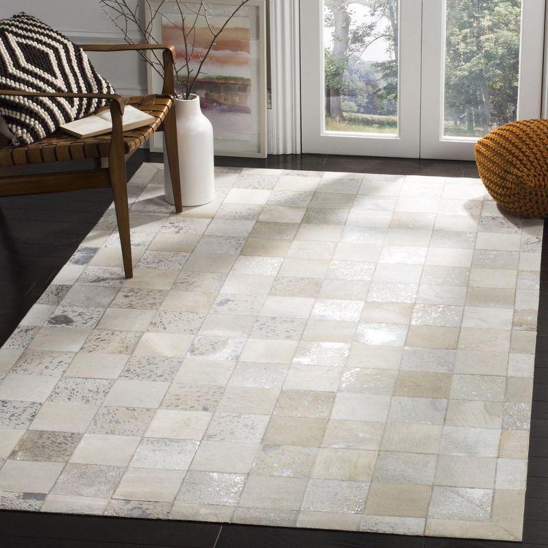 Ivory and Silver Hand-Knotted Geometric Leather Area Rug