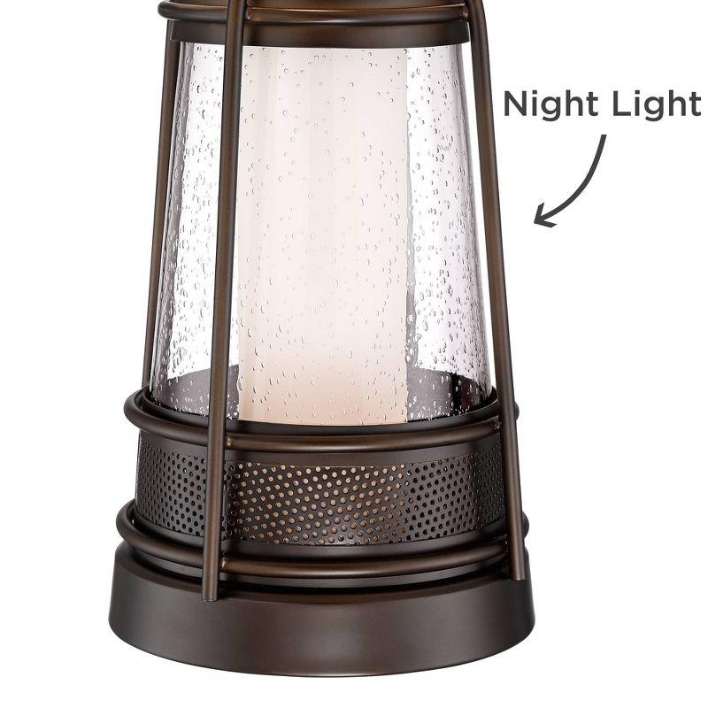 Franklin Iron Works Hugh Industrial Rustic Table Lamp 26" High Bronze Metal Seeded Glass with LED Nightlight Off White Shade for Bedroom Living Room