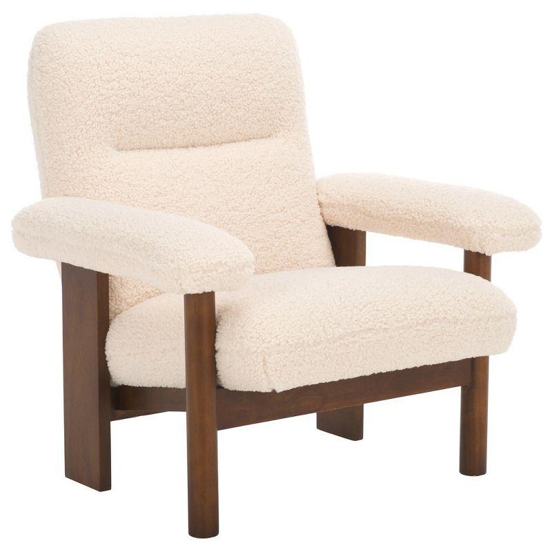 Cream Faux Shearling and Brown Wood Accent Chair