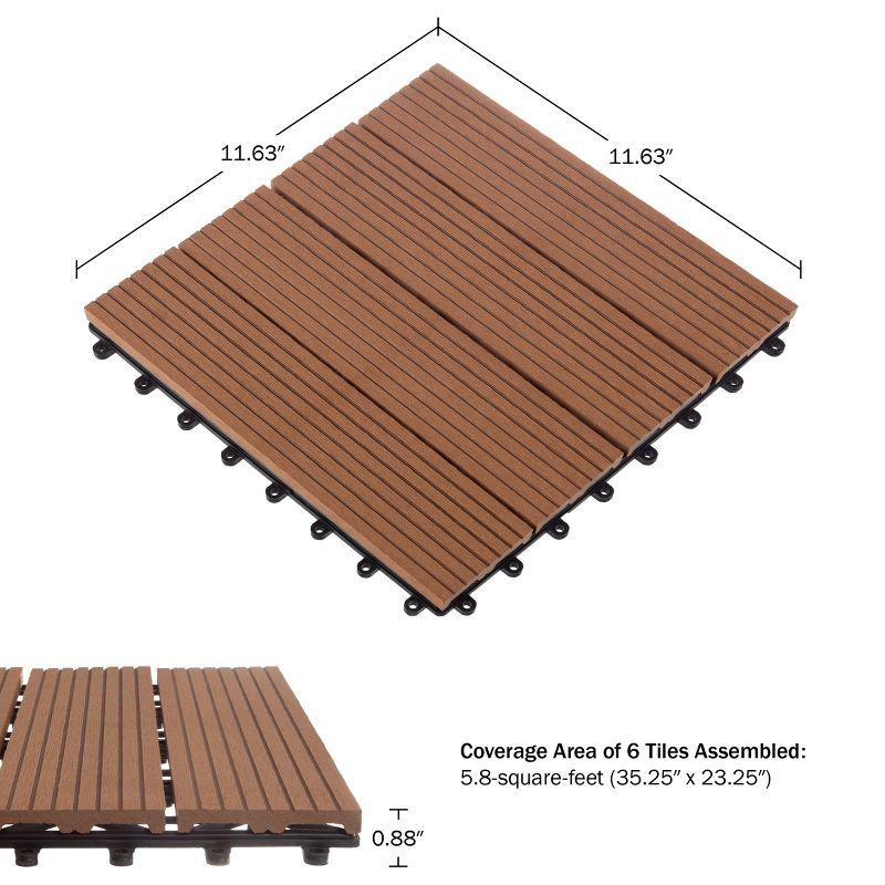 Deck Tiles - 6-Pack Wood Plastic Composite Interlocking Patio Tiles - 5.8SQFT Outdoor Flooring for Balcony, Porch, and Garage by Pure Garden