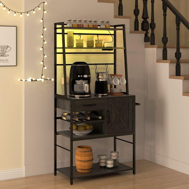 HOMCOM Kitchen Baker's Rack with Power Outlet, LED Lights, Microwave Stand with Storage Shelves, Wine Bottle Rack, Barn Door Cabinet