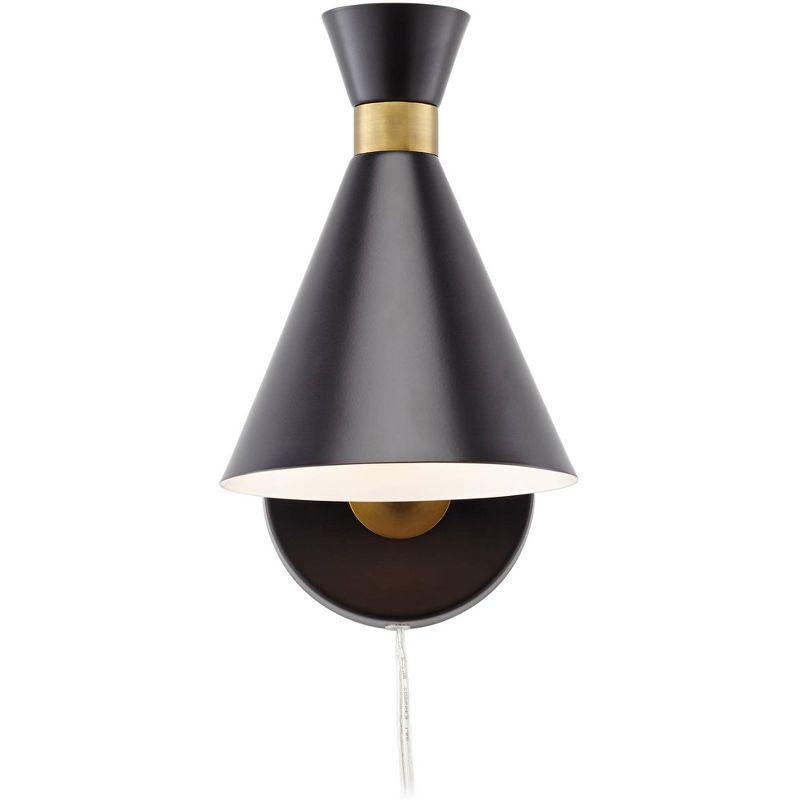 360 Lighting Venice Mid Century Modern Wall Lamp Matte Black Brass Plug-in 6 1/4" Light Fixture Adjustable Metal Cone Shade for Bedroom Living Room