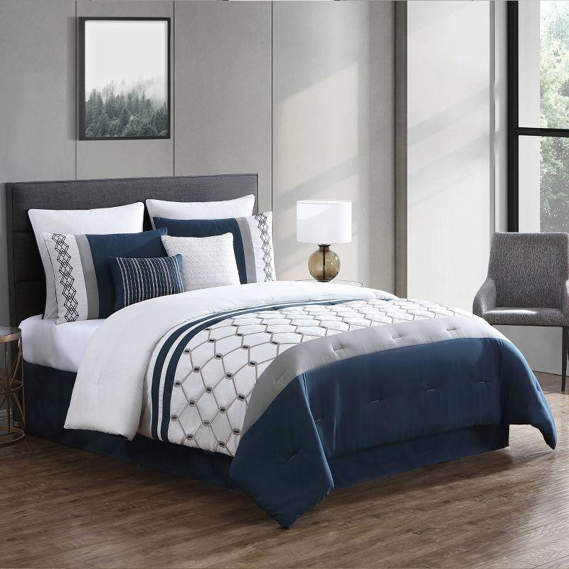 8pc Queen Ellison Embroidered Colorblock Comforter Bedding Set - Dark Teal: Microfiber, OEKO-TEX Certified, Includes Euro Shams & Bed Skirt