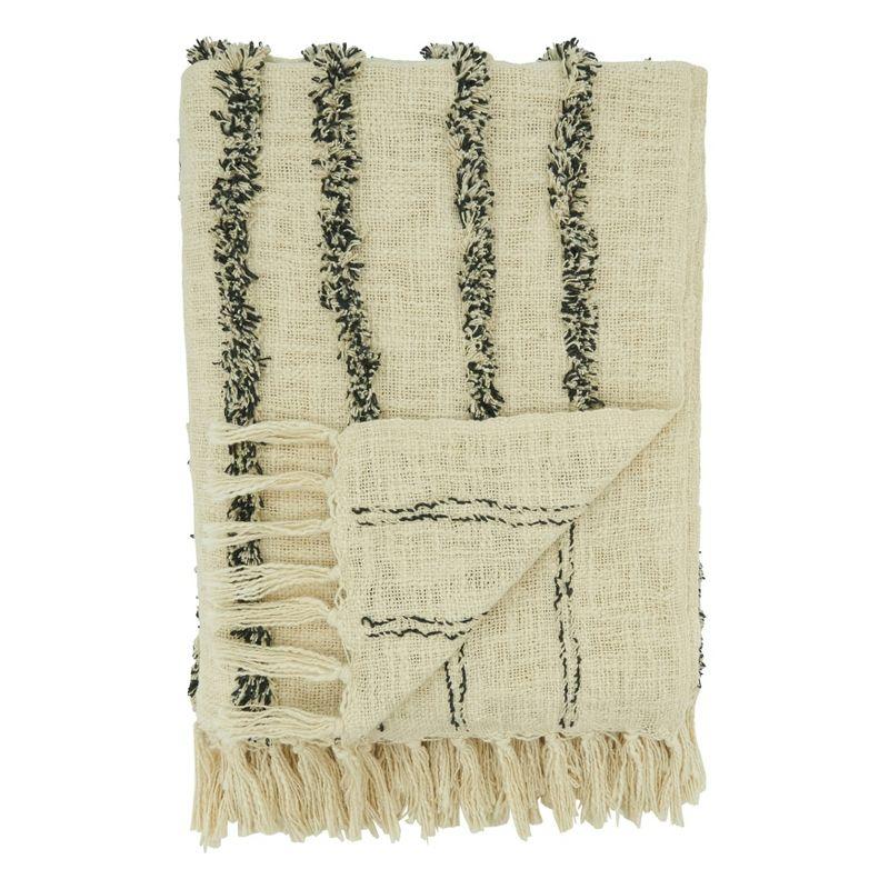 Ivory and Black Cotton Tufted Line Throw Blanket with Tassels