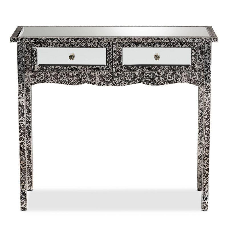 Elegant Silver Mirrored 2-Drawer Console Table with Floral Metal Trim