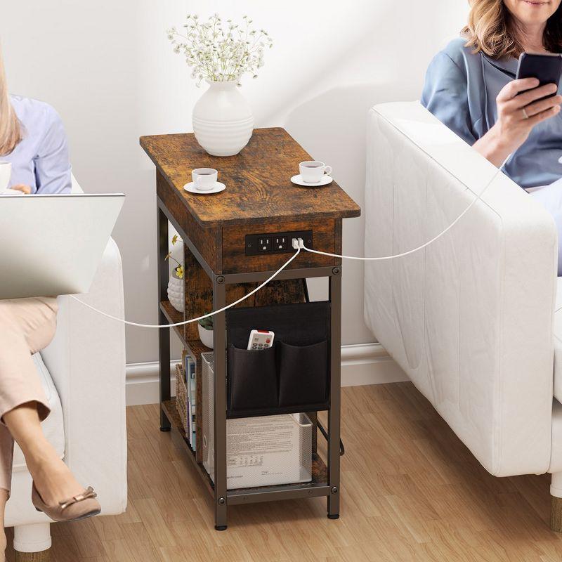 End Table with Charging Station, Narrow Side Table Nightstand with Outlets USB Ports and Storage