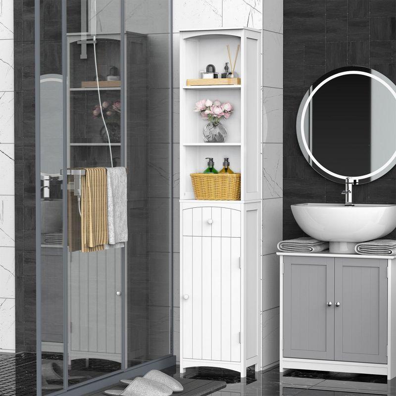Slim White Free-Standing Bathroom Linen Tower with Storage Shelves and Drawer