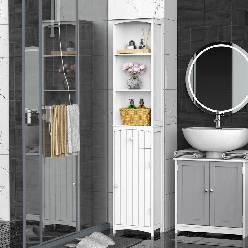 HOMCOM 67" Tall Bathroom Storage Cabinet, Freestanding Linen Tower with 3-Tier Shelf, Drawer and Cupboard, Narrow Side Floor Organizer, White