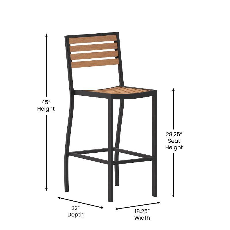 All-Season Faux Teak Poly Resin Slatted Bar Height Stool with Aluminum Frame