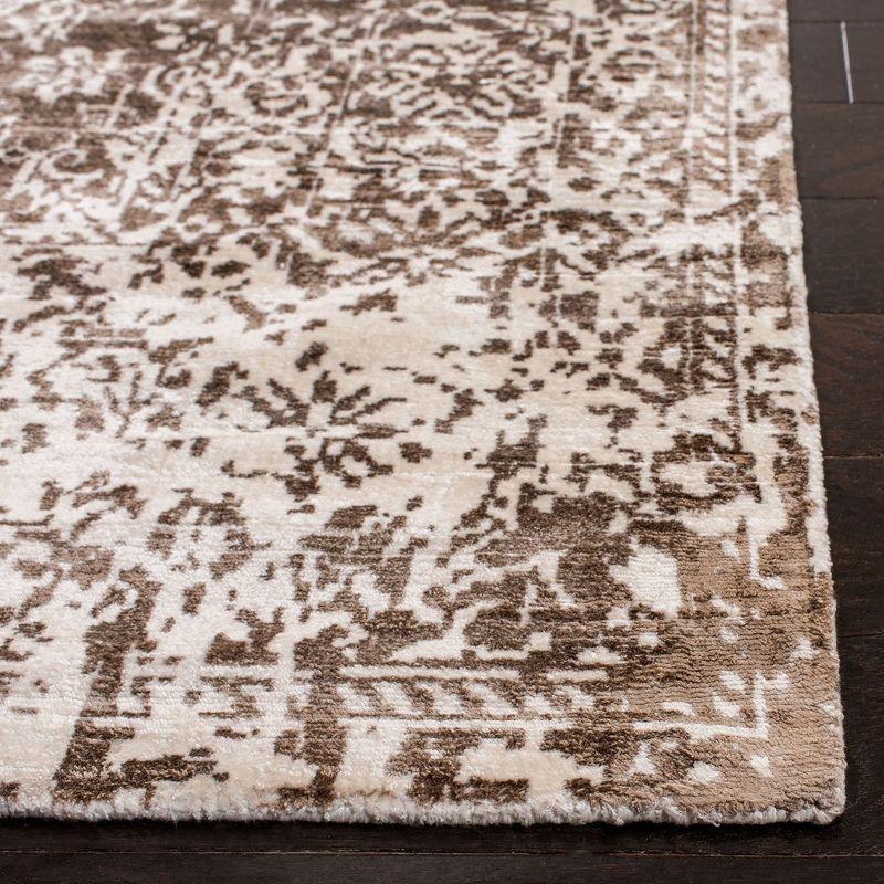 Elegant Ivory and Light Brown Hand-Knotted Wool-Viscose 6' x 9' Rug