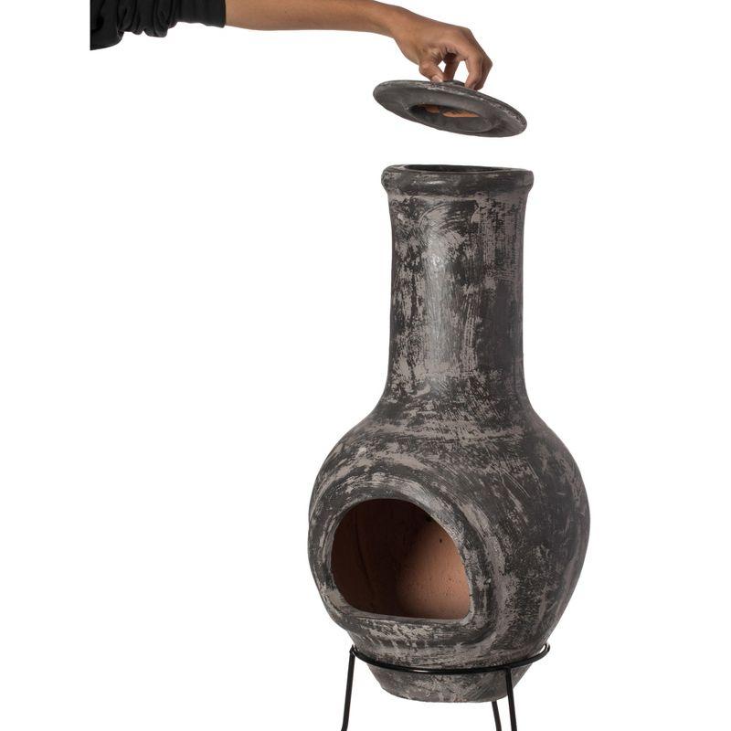 Outdoor Clay Chiminea Outdoor Fireplace Scribbled Design Charcoal Burning Fire Pit with Sturdy Metal Stand