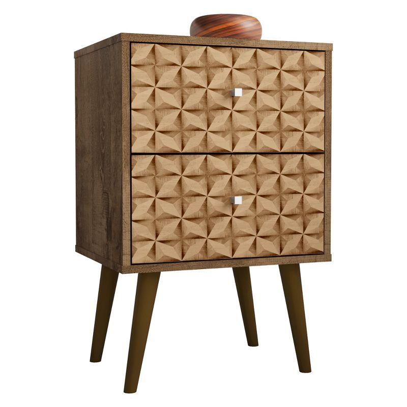 Rustic Brown & 3D Prints Mid-Century Modern 2-Drawer Nightstand