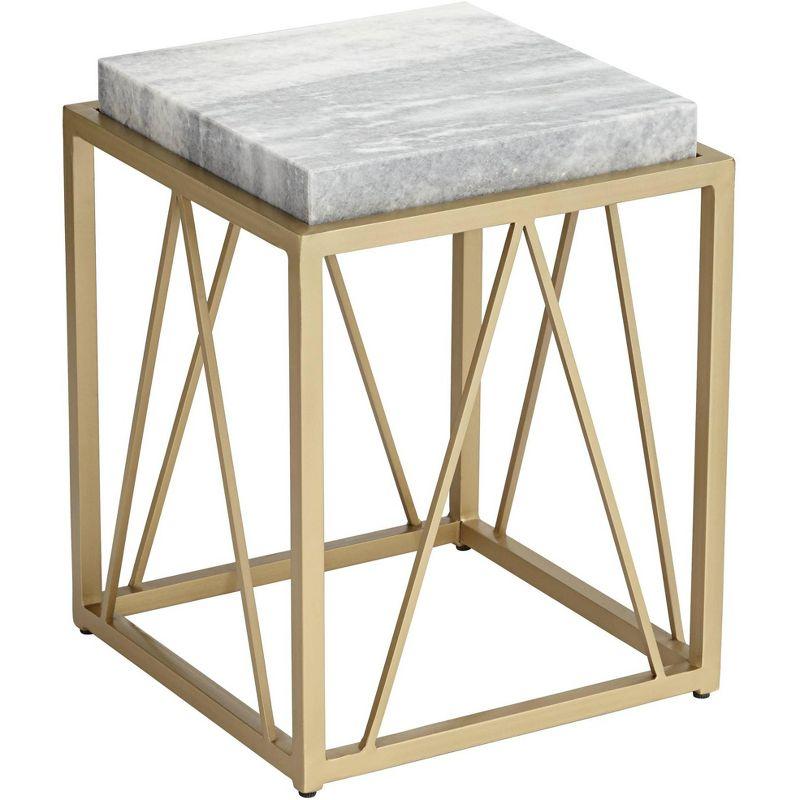 Coast to Coast Accents Modern Gold Powder-Coated Square Accent Table 15 1/2" White Gray Marble Tabletop Open Cage for Living Room