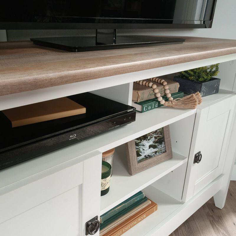 Soft White Corner TV Stand with Cabinet and Oak Top