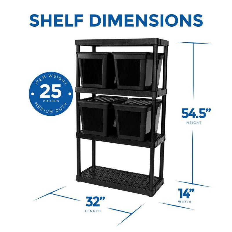 Sleek Black 4-Tier Ventilated Resin Shelving Unit with Bins