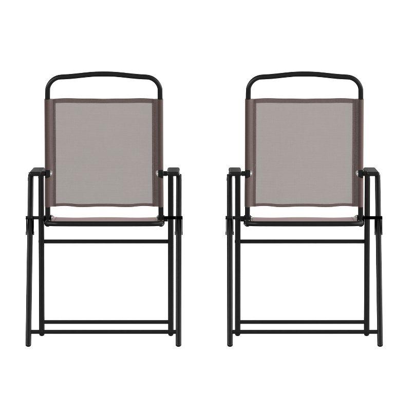 Flash Furniture Set of 2 Mystic Folding Patio Sling Chairs, Outdoor Textilene Lawn Chairs with Armrests in Brown