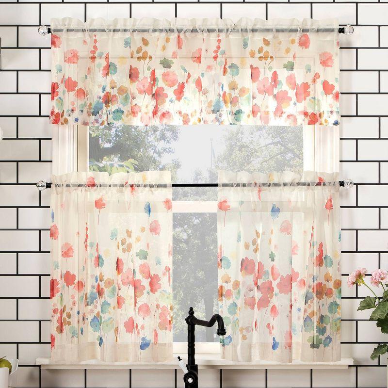 Poppy Red Watercolor Floral Sheer Rod Pocket Kitchen Curtain Set