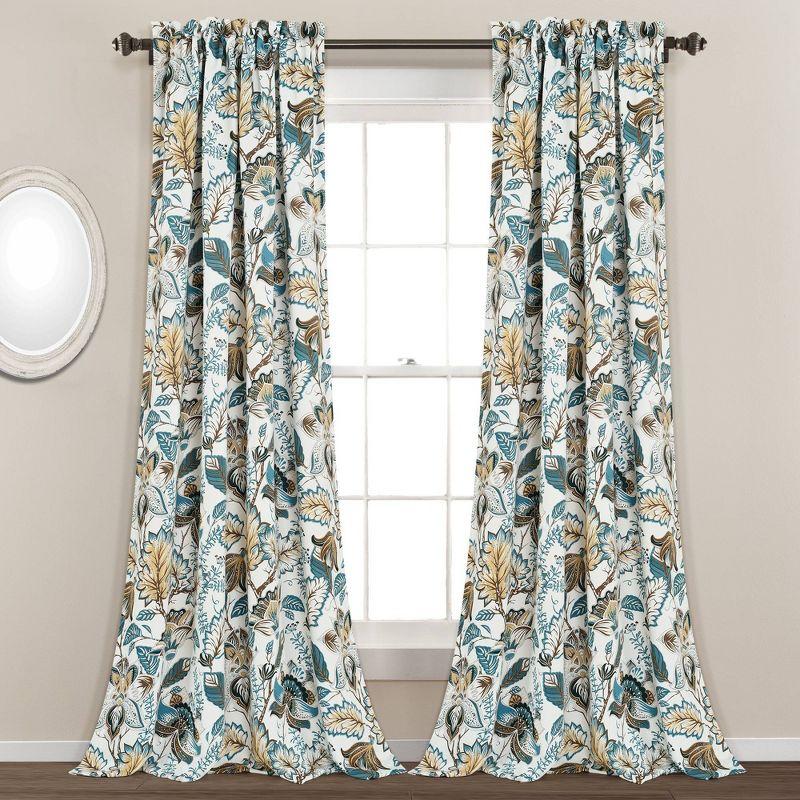 Cynthia Jacobean Turquoise and Neutral Polyester Room Darkening Curtains