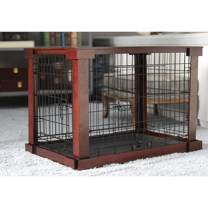 Merry Products 2 Door Decorative Pet Kennel with Wooden Protection Cover, Divider Insert, and Removable Tray End or Side Table, Large, Brown