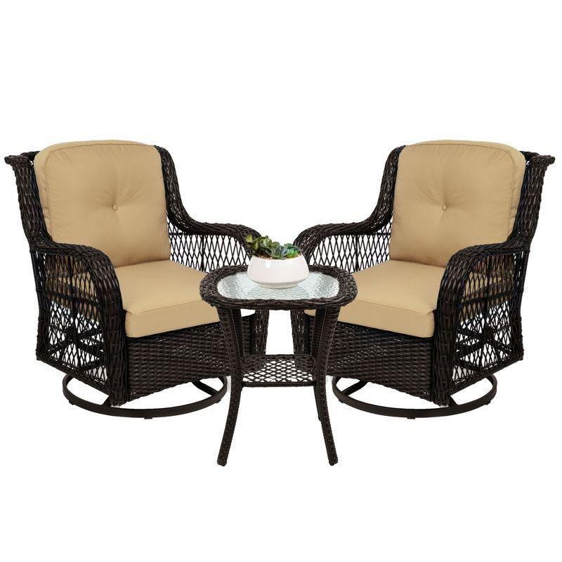 Beige Wicker 3-Piece Patio Bistro Set with Swivel Rocking Chairs