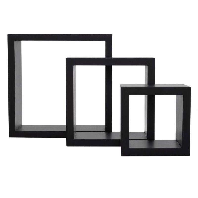 Sleek Black Floating Cube Wall Shelves, Set of 3