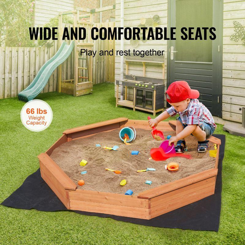 VEVOR Wooden Sandbox with Cover, 75.6 x 75.6 x 9.1 in Octagonal Sand Box, Sand Pit with 4 Seating and Bottom Liner