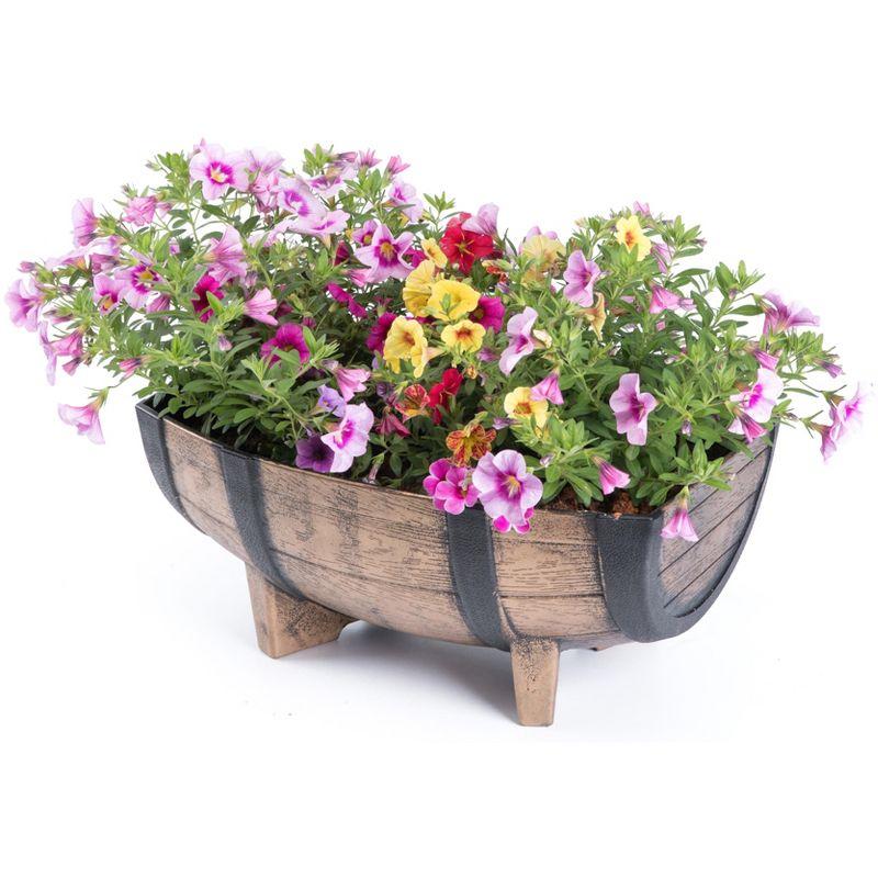 Gardenised Rustic Wood- Look Plastic Half Barrel Flower Pot Garden Planter, Pack of 2