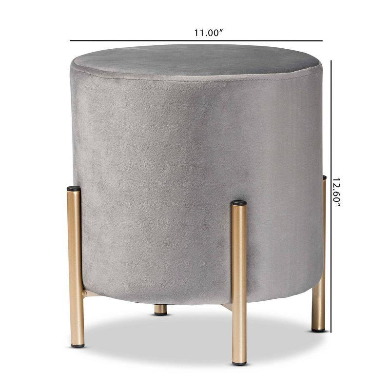 Luxe Grey Velvet and Gold Metal Round Ottoman