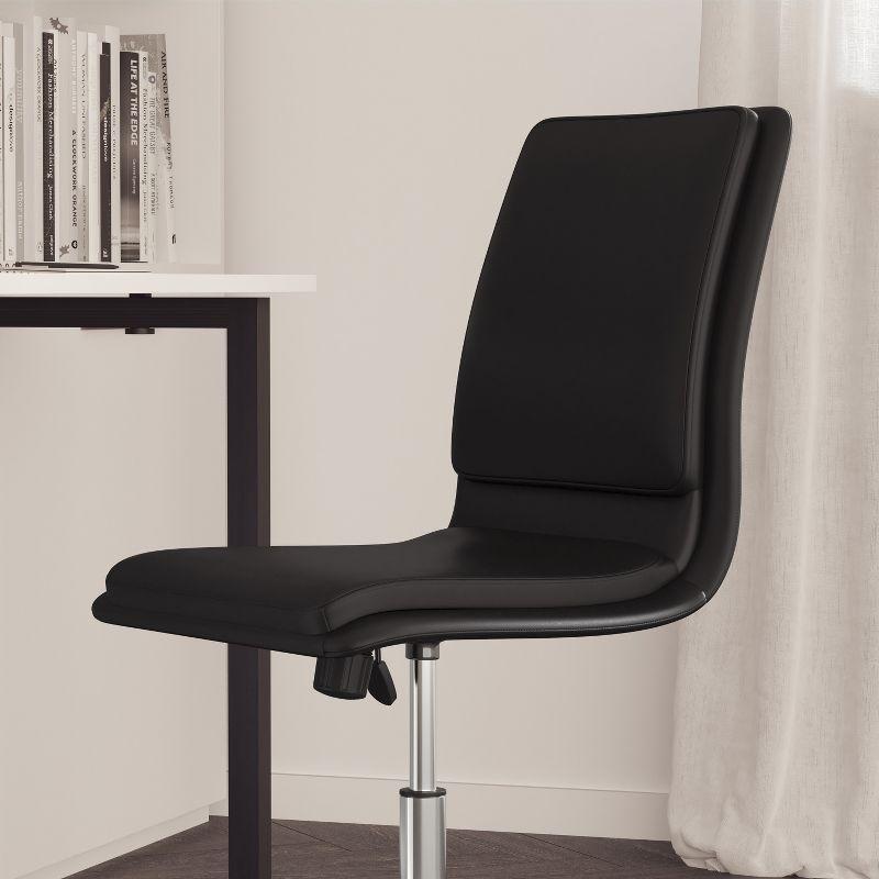 Armless Black Faux Leather Task Chair with Wood Swivel Base