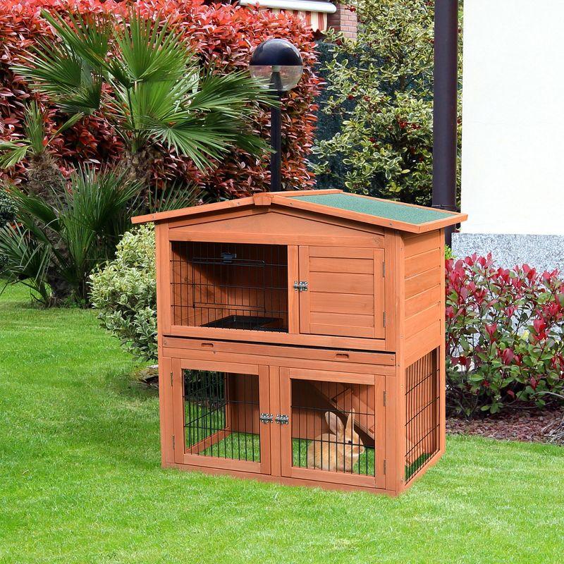 Pawhut 40" Wooden Rabbit Hutch Bunny Cage Small Animal House with No Leak Tray, Ramp, Weatherproof Roof for Outdoor