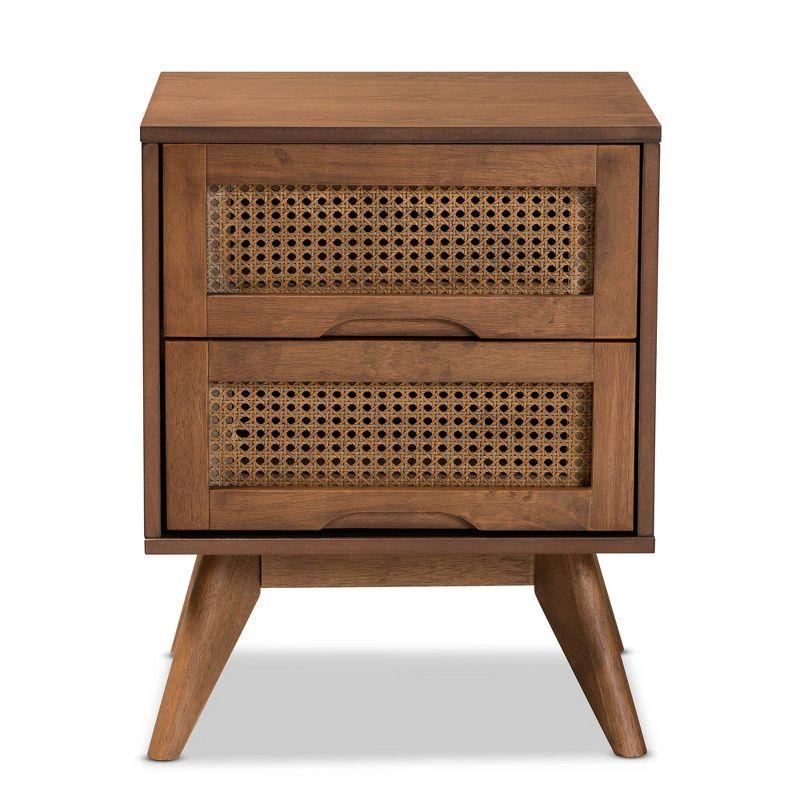 Barrett Wood & Synthetic Rattan Nightstand: 2 Drawers, Angled Legs - Baxton Studio