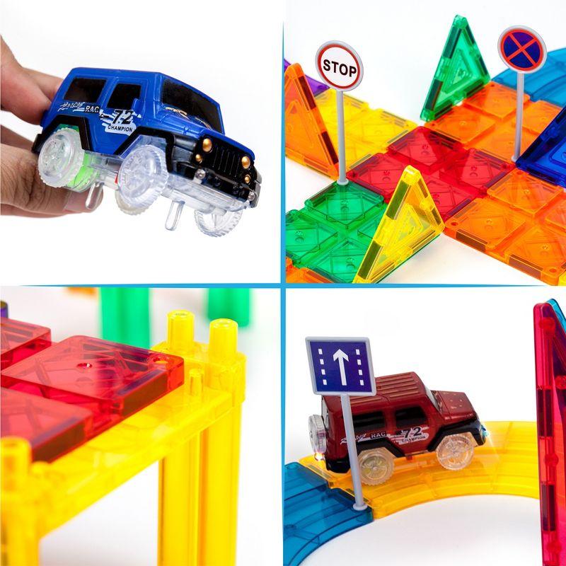 PICASSO-TILES Race Track Magnetic Tiles for Kids, 128PCS with 3 Racing Cars, Construction STEM Building Blocks Educational Toy