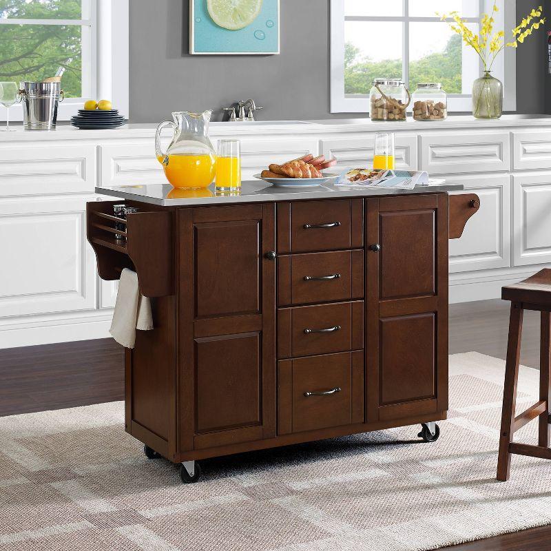 Eleanor Stainless Steel Top Kitchen Cart Mahogany/Stainless Steel - Crosley: 2 Cabinets, Spice Rack, 4 Drawers