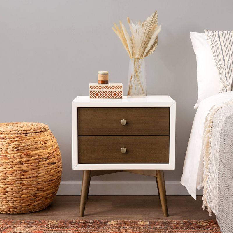 Palma Mid-Century Modern 2-Drawer Warm White/Walnut Nightstand with USB Port