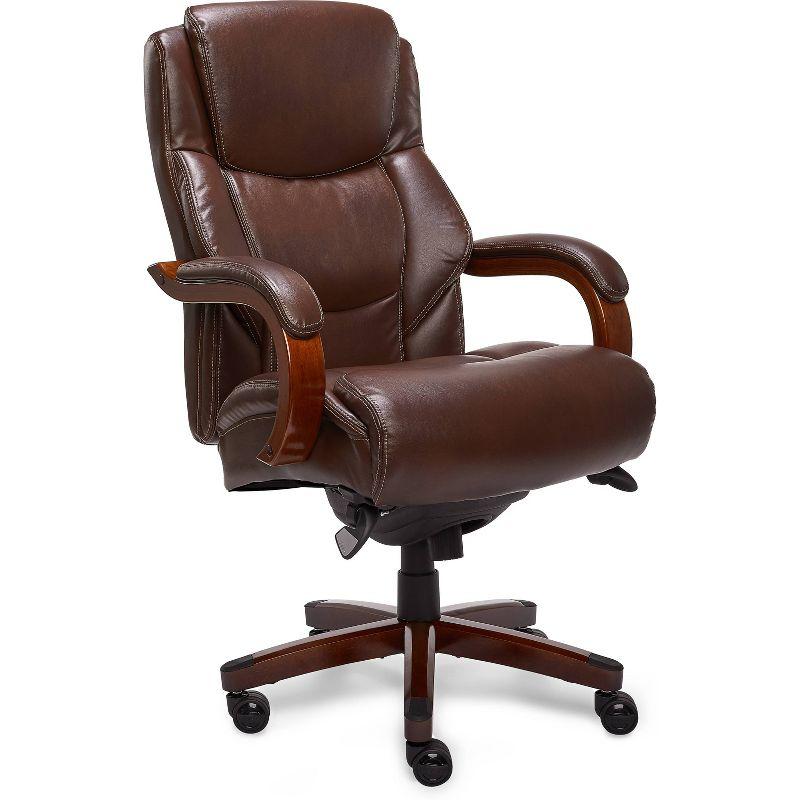 La-Z-Boy La-Z-Boy Delano Big & Tall Executive Office Chair, Ergonomic Mid-Back with Body Pillow Lumbar Support, ComfortCore® with Memory Foam Cushion, Mahogany Wood Arms and Swivel Base, Bonded Leather