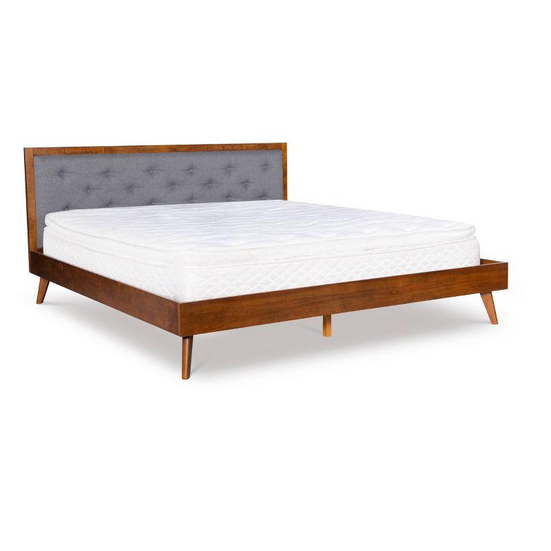King Reid Mid-Century Platform Bed in Walnut Finish with Tufted Headboard in Gray Fabric - Linon: Upholstered Polyester, No Box Spring Needed