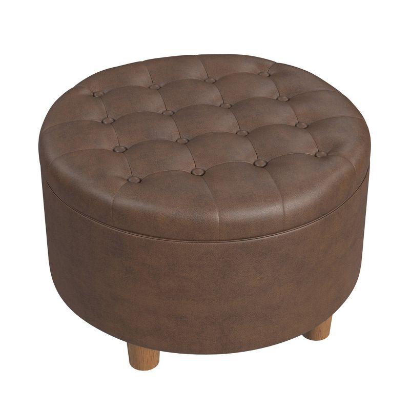 HomePop Tufted Faux Leather Round Storage Ottoman Brown: Upholstered Traditional Decor, Hardwood Frame