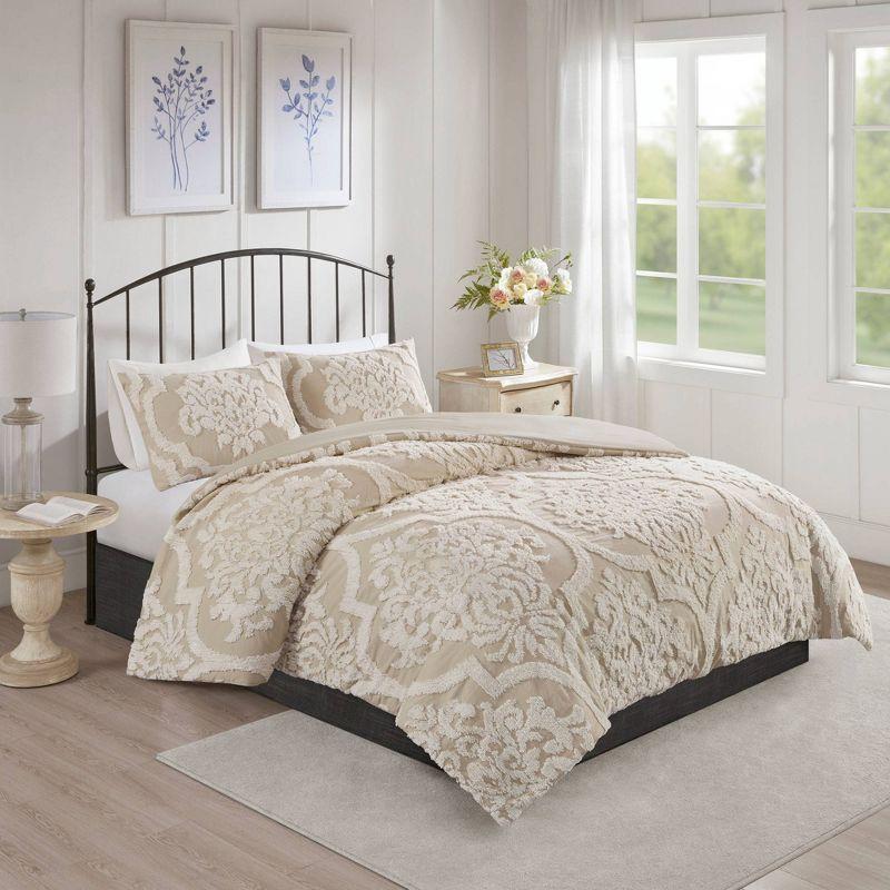 Viola Tufted Cotton Chenille Damask 3 Piece Duvet Set