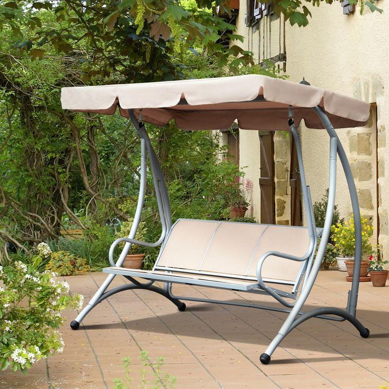 Outsunny 3 Person Patio Swing Seats, Porch Swing with Stand & Adjustable Canopy, Heavy Duty Outdoor Swing Chair Bench for Adults, Beige