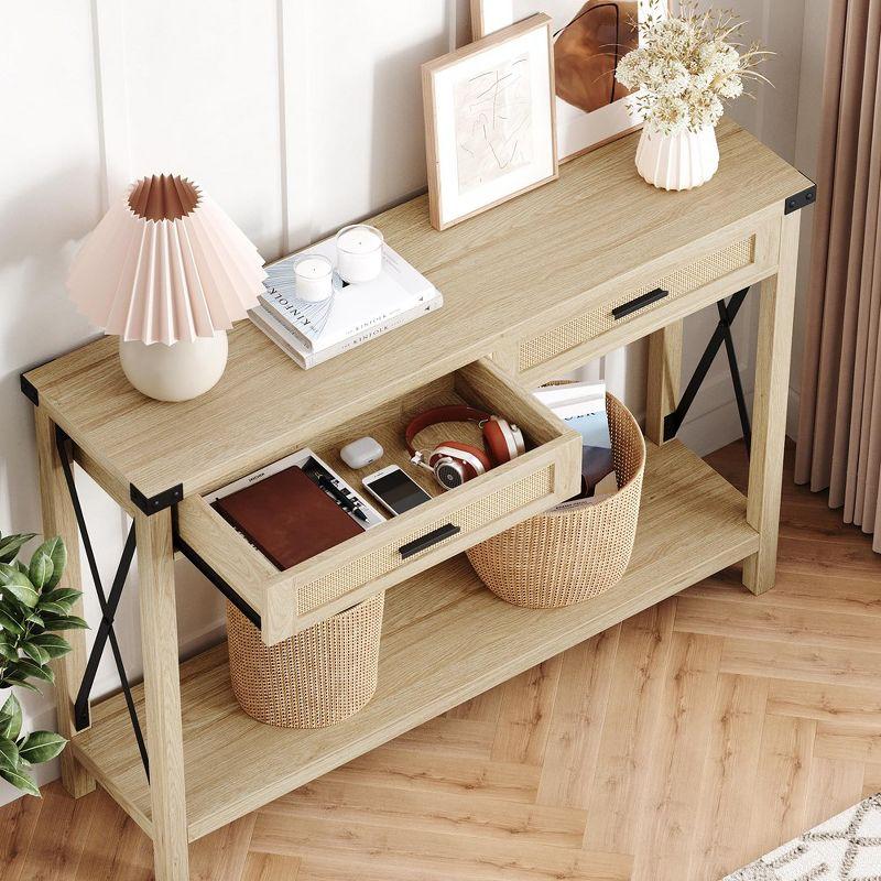 Farmhouse Sofa Table - Console Table with Rattan Drawers