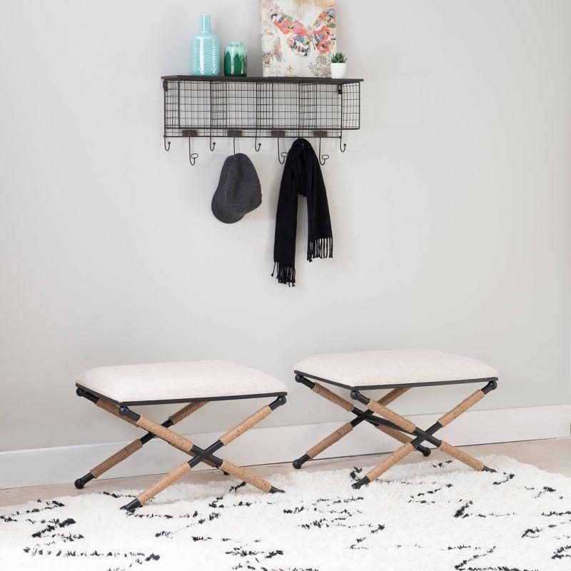 24" Ashburn Boho Rope Wrapped Campaign Accent Stool Ottoman Buff Beige Linen - Linon: Vanity, Bedroom Bench