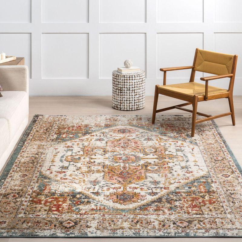 Nuloom 5 Round Justine Vintage Medallion Indoor Area Rug, Beige, Faded Persian Design, Stain Resistant, BedroomLiving Room, Kitchen,