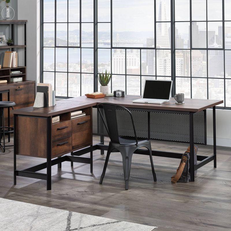 Brown Wood L-Shaped Corner Desk with Drawer and Filing Cabinet